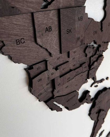 3D Classic Wooden World Map with Country Borders Country Names Capital Names US and Canada Borders and Names 3D Map Effect
