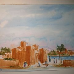 picture watercolour North African scene signed