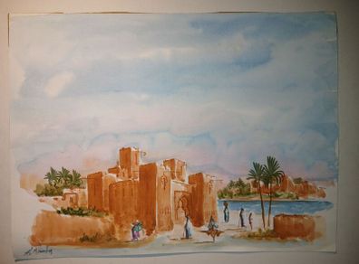 picture watercolour North African scene signed