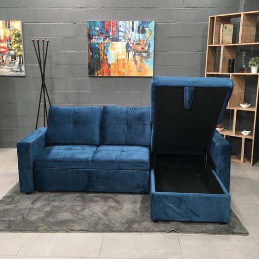 Blue velvet Corner Sofa Bed with Storage 215cm