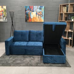 Blue velvet Corner Sofa Bed with Storage 215cm