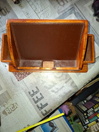 Wooden Desk Organizer features a Leather-Lined Compartment and Side Sections for Pens