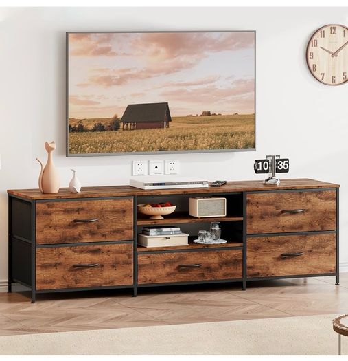 TV Stand Cabinet, TV Unit with 5 Drawers, 140 cm, Brown TV Console Table with Storage Organizers, Entertainment Center with Open Shelf for Living Room, Bedroom