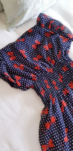 Navy Polka Dot Mini Dress with Bows - Size 6