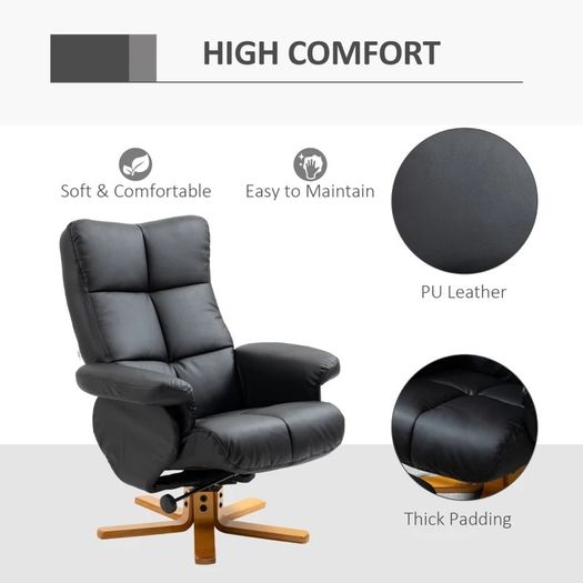 Faux Leather Swivel Recliner Chair with Footstool, Wooden Base and Storage for Living Room (FREE POSTAGE)