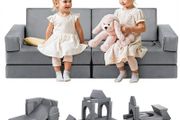 Modular Kids Play Couch, Sectional Toddler Sofa with Armrests, 28D Sponge &amp; Short Pile, Convertible Kids Modular Couch DIY Creative Combination for Playroom, Bedroom, Living Room, 14 Pcs, Gray