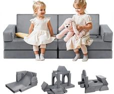 Modular Kids Play Couch, Sectional Toddler Sofa with Armrests, 28D Sponge & Short Pile, Convertible Kids Modular Couch DIY Creative Combination for Playroom, Bedroom, Living Room, 14 Pcs, Gray