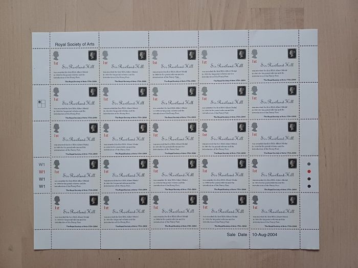 BRITISH 1st Class Stamps (Sheet of 25, Sir Rowland Hill, Royal Society of Arts 2004)