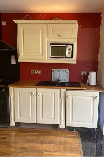 Kitchen + Island + Solid Oak Countertops + Integrated Dishwasher + black sink & gold mixer tap