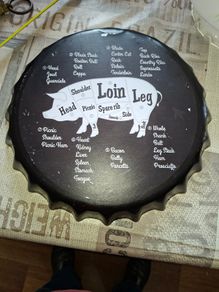 Vintage-style Metal Wall Sign is a Giant Beer Bottle Cap Designed to Show the Various Cuts of Pork, Postage Available or Collection