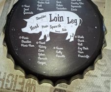 Vintage-style Metal Wall Sign is a Giant Beer Bottle Cap Designed to Show the Various Cuts of Pork, Postage Available or Collection