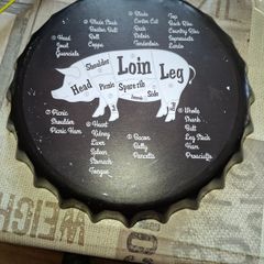 Vintage-style Metal Wall Sign is a Giant Beer Bottle Cap Designed to Show the Various Cuts of Pork, Postage Available or Collection