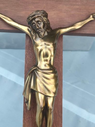 16" Mid Century Brass Christ on Mahogany cross