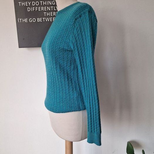 Castle of Ireland teal green cable knit wool jumper. Size 10-12. e90 RRP