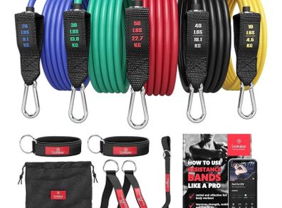 Resistance Bands Set with Handles, Door Anchor, Ankle Straps + Exercise Ebook