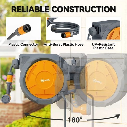 Retractable Hose Reel Wall Mounted, 30-2m Garden Hose Pipe Reel with Lock, Auto Rewind, 7 in 1 Spray Nozzle, Includes Wall Fixings, 180 Swivel, Outdoor Watering, 59 x 23 x 42 cm, Orange