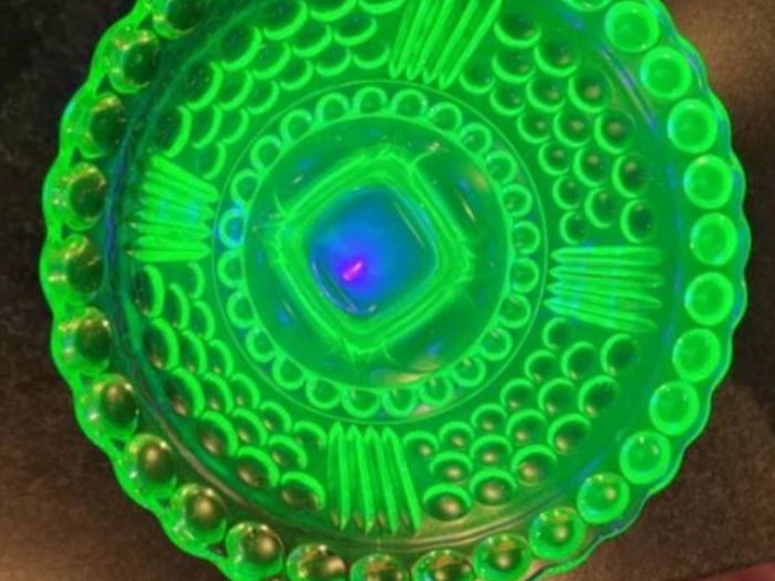 Antique 20th Century Green Uranium Glass Inverted Thistle Bowl UV Reactive  Description
