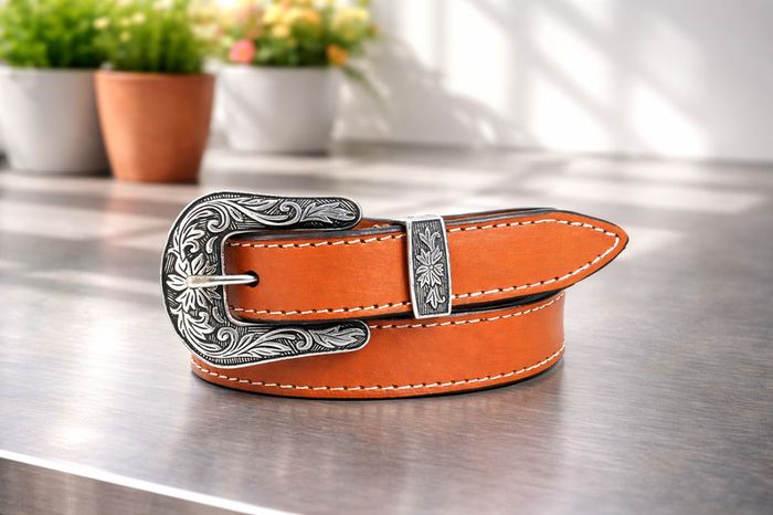 Unisex Premium Tan Genuine Leather Belt Vintage Engraved Silver Buckle