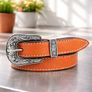 Unisex Premium Tan Genuine Leather Belt Vintage Engraved Silver Buckle Image 3