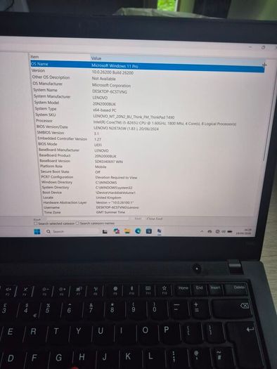 Lenovo Thinkpad T490, i5 8th gen,8gb ram, 256 ssd, windows 11, 14"QHD Screen,