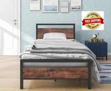 3ft Single Bed Frame with Wood Headboard,Heavy Duty Metal Bed Frame Single Bed, Strong Metal Slats,No Box Spring Needed,Under Bed Storage,Noise Free,Easy Assembly,Brown