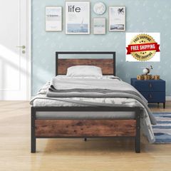 3ft Single Bed Frame with Wood Headboard,Heavy Duty Metal Bed Frame Single Bed, Strong Metal Slats,No Box Spring Needed,Under Bed Storage,Noise Free,Easy Assembly,Brown