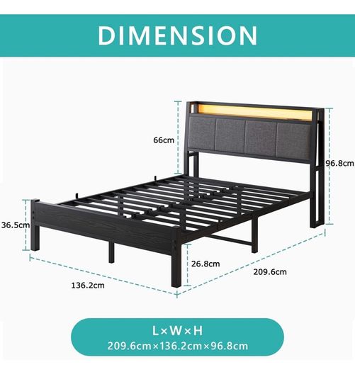 Double Bed Frame, 4FT6 Bed Frame Ergonomics Double with Charging Station and LED Lights, Heavy Duty Platform Full Bed with Fabric Storage Sloped Headboard, No Box Spring Needed, (Black)