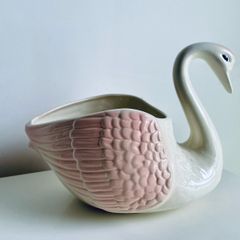Vintage Style Pink & White Ceramic Swan Planter Vase 21cm