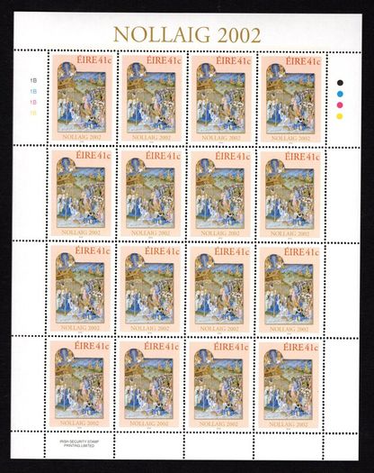 2002 Ireland Christmas Commemorative Stamp Sheetlets Plate 1B1B1B1B Mint Never Hinged (MNH).