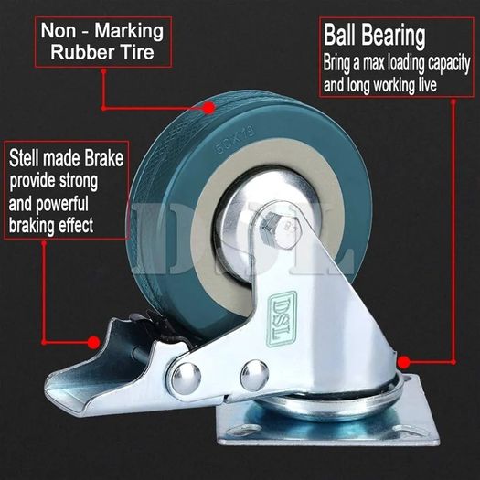 Heavy Duty Braked 50mm Swivel Castor Wheels Trolley Caster Wheels Set of 4 Rubbered Castors for Furniture Upto 200KG Free Fitting