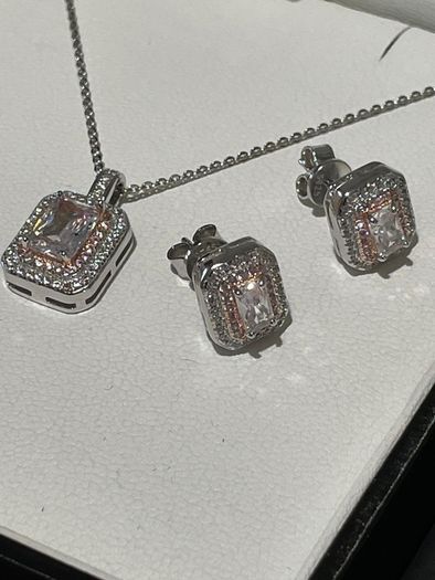 Sterling silver Jewellery set Pendant and earrings White & Pink Cubic Zirconia in Two Tone