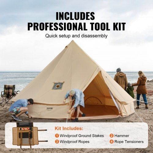 Canvas Bell Tent, 4 Seasons 4 m/13.12 ft Yurt Tent, Canvas Tent for Camping with Stove Jack, Breathable Tent Holds up to 6 People
