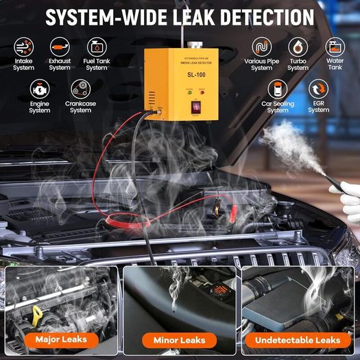 SL100 Smoke Machine Automotive Leak Detector, DC12V EVAP Evap Vacuum Smoke Diagnostic Tester, Pipeline Fuel Leakage Detector for Motorcycle/Car/Truck, Yellow