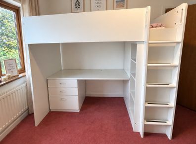 White Loft Bed with Integrated Desk & Storage