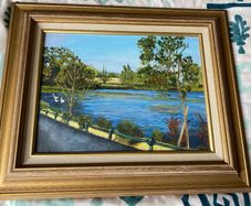 picture oil on board painting. Features a serene scene