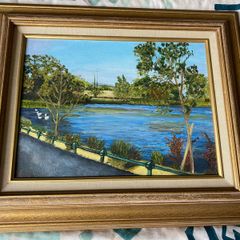 picture oil on board painting. Features a serene scene