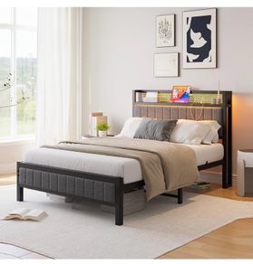 3ft Upholstered Bed Frame with Charging Station/USB Ports and LED Lights