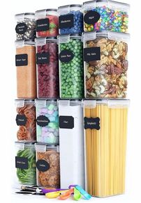 Airtight Food Storage Containers Set [14 Pack] for Cereal, Flour, Sugar, Kitchen Storage & Organisation - BPA Free Plastic Containers with Durable Lids, Reusable Labels, Marker & Spoon Set