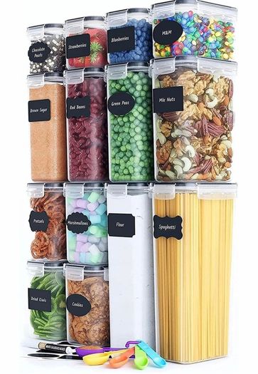 Airtight Food Storage Containers Set [14 Pack] for Cereal, Flour, Sugar, Kitchen Storage & Organisation - BPA Free Plastic Containers with Durable Lids, Reusable Labels, Marker & Spoon Set