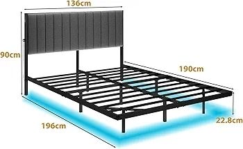Double Bed Frame with Upholstered Headboard, 4ft6 Floating Bed Frame with Charging Station and LED Light, Metal Slats Support, No Box Spring Needed,Gray Double Bed