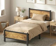 Single Bed Frame with Wooden Headboard and Footboard