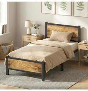 Single Bed Frame with Wooden Headboard and Footboard