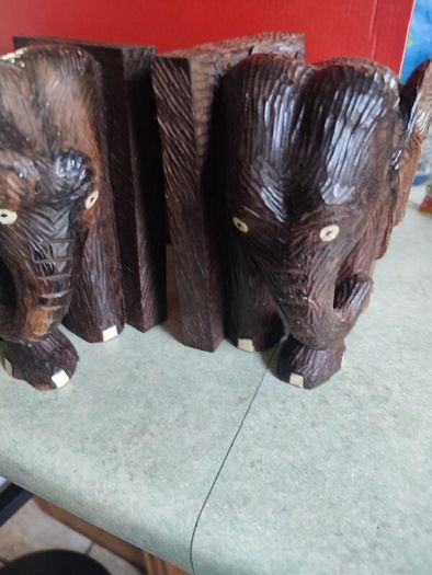 SET OF 2 Large Carved Vintage  Elephant BOOKENDS.