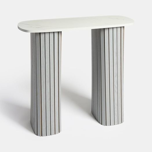 Wooden Console Hallway Table, White Marble Top Slim Console Table Grey Madison Ribbed Wood Frame Decorative Display Table for Living Room Entryway Small Spaces