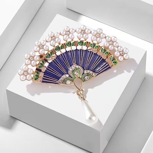Chinese Style Fan Faux Pearl Brooch
