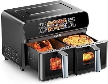 EUARY dual basket  Air Fryer 9L Oil Free 2 Compartments XXL 2800 W Large Capacity, 2 Air Fryer Bins, 12 Cooking Programs, Touch Screen, Appointment Function