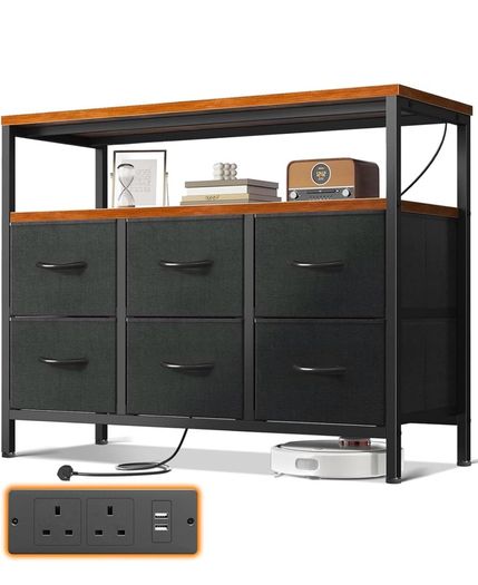 Chest of Drawers Bedroom with 6 Drawers, Fabric Storage Drawers with 2 USB and 2 Sockets