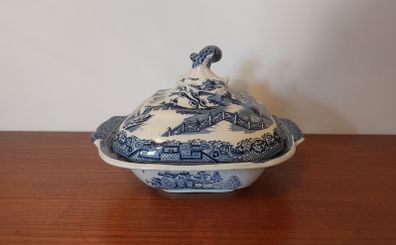 Fabulous Antique Blue and White Transferware Willow Pattern Shallow Lidded Tureen/Vegetable Dish For Display, Unknown Maker, Most Likely Staffordshire Made