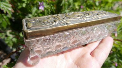 Antique Rectangular Glass Trinket Box Pot  Brass Lid 13cm x 4cm H-4cm