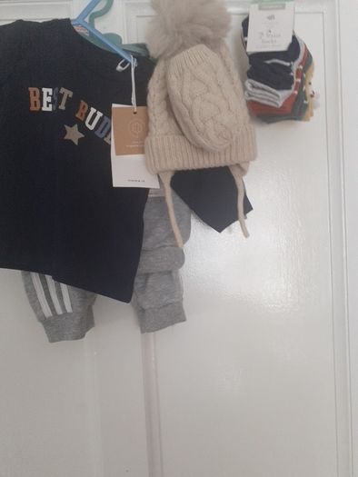 Baby boy bundle 0-3 months .All new with tags .Addidas tracksuit Name it top Dunnes hat and gloves Pack of 7 socks .Pack of 2 pair of rattle socks plus free summer hat new and green cable knit jumper all new 17 euro the lot